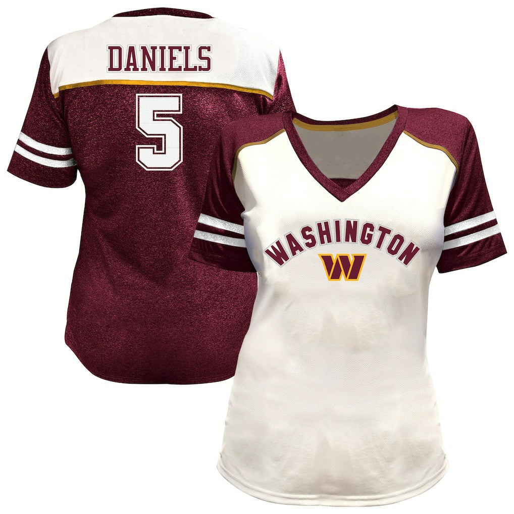 Washington Commanders Jayden Daniels  Women's Plus Size Bling V-Neck T-Shirt | NFL Near me