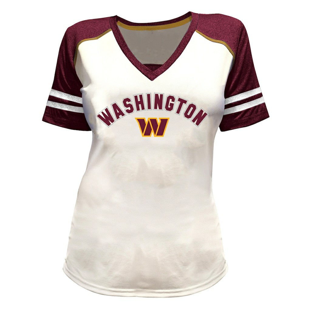 Washington Commanders Jayden Daniels  Women's Plus Size Bling V-Neck T-Shirt | NFL Near me