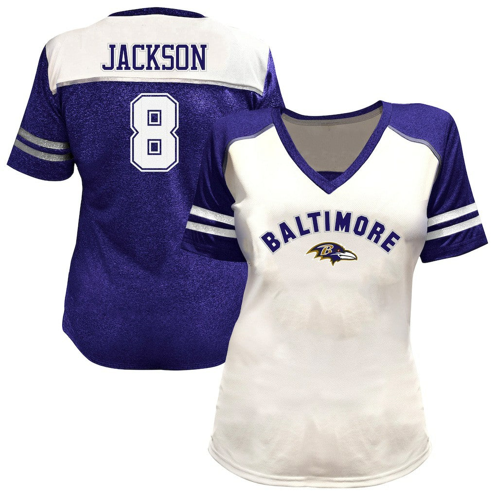 Baltimore Ravens Lamar Jackson  Women's Plus Size Bling V-Neck T-Shirt | NFL Near me