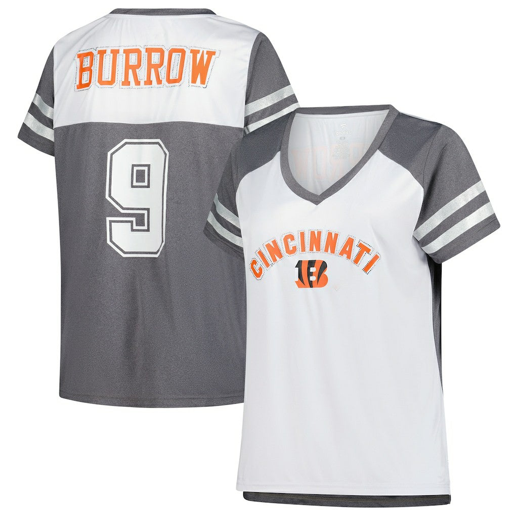 Cincinnati Bengals Joe Burrow  Women's Plus Size Bling V-Neck T-Shirt | NFL Sale