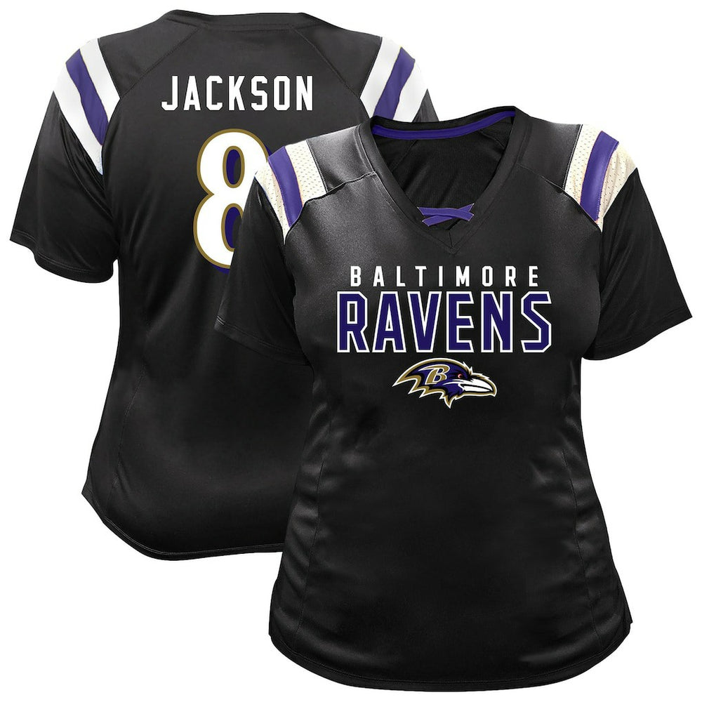Baltimore Ravens Lamar Jackson  Women's Plus Size Name & Number Raglan Lace V-Neck T-Shirt | NFL Hot
