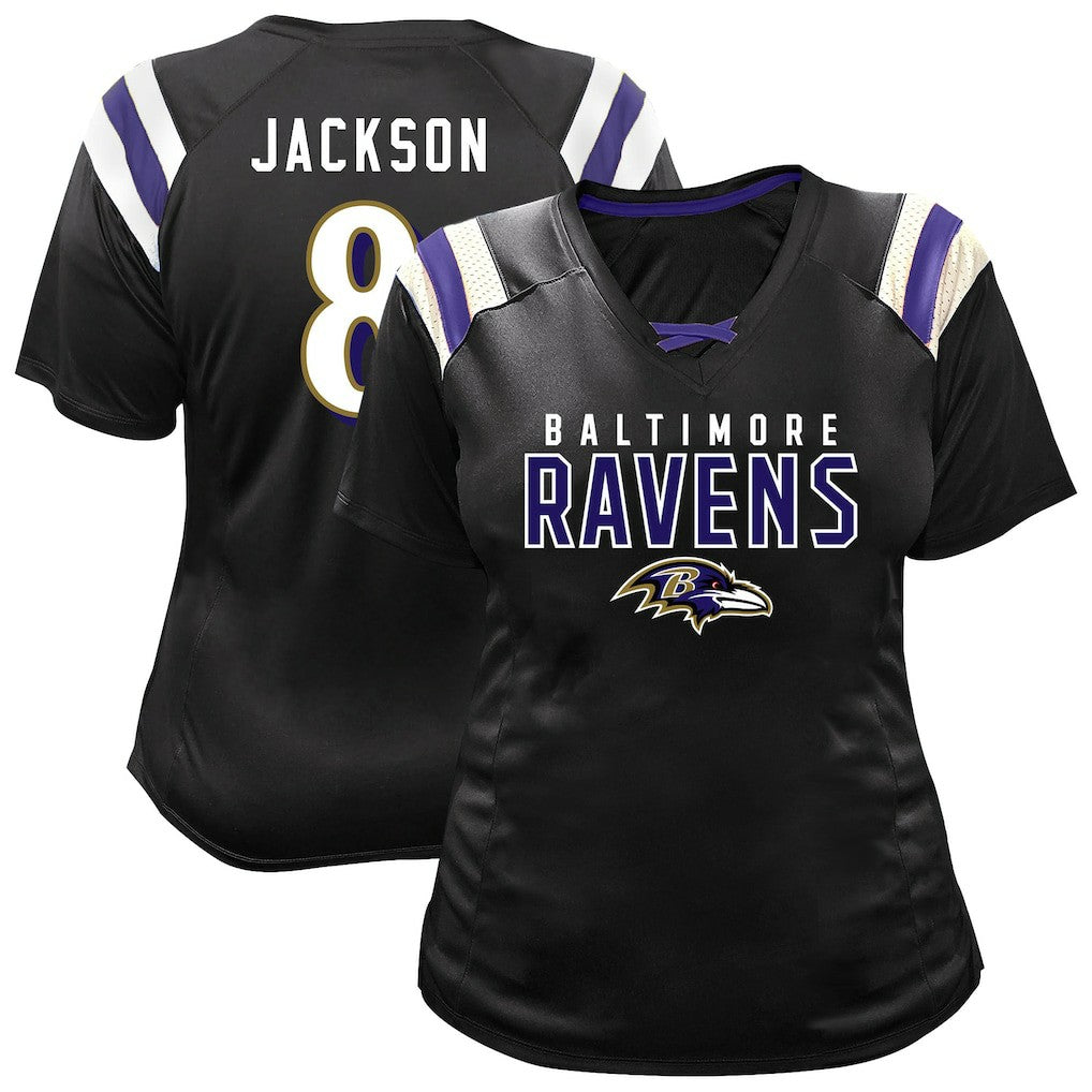 Baltimore Ravens Lamar Jackson  Women's Plus Size Name & Number Raglan Lace V-Neck T-Shirt | NFL Hot