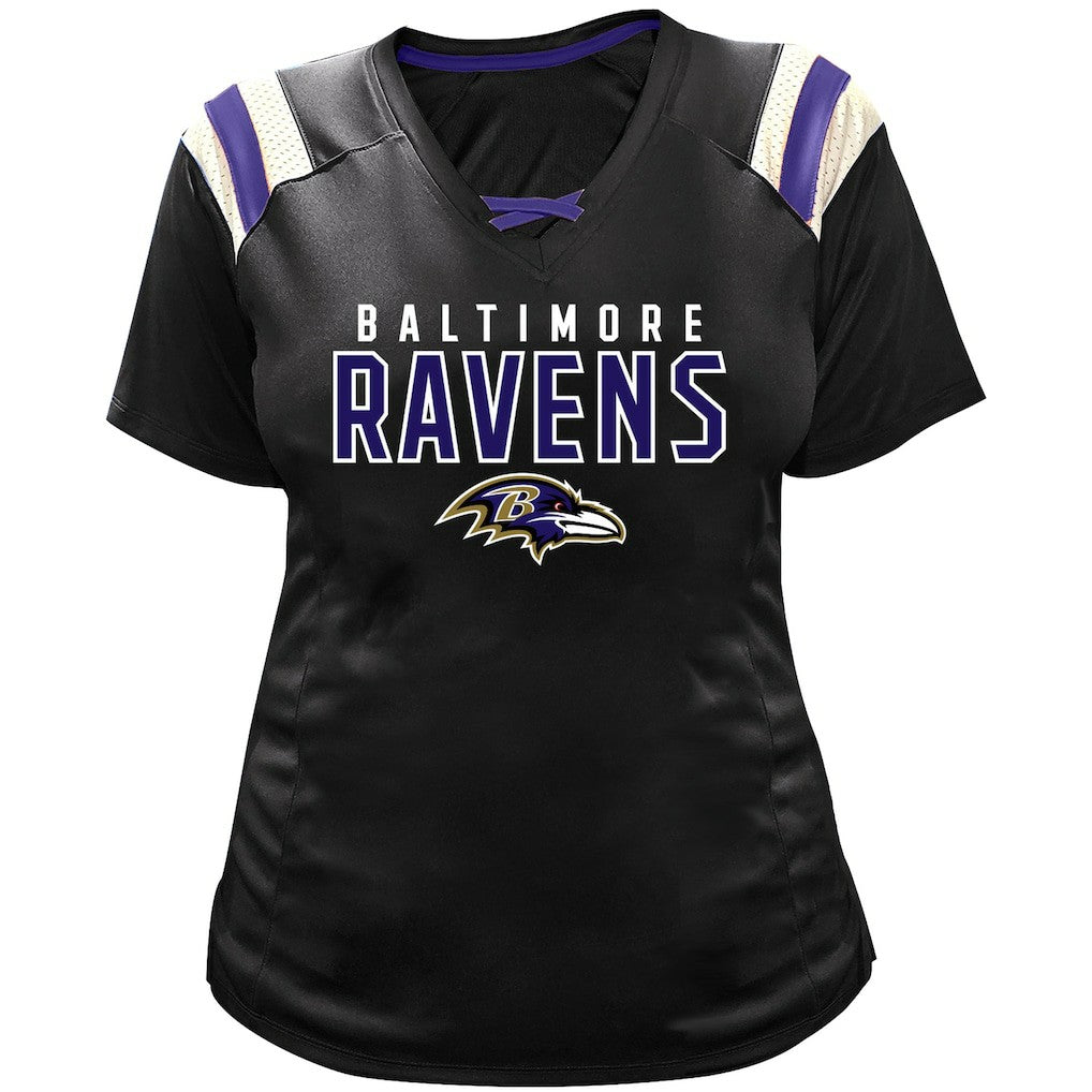 Baltimore Ravens Lamar Jackson  Women's Plus Size Name & Number Raglan Lace V-Neck T-Shirt | NFL Hot