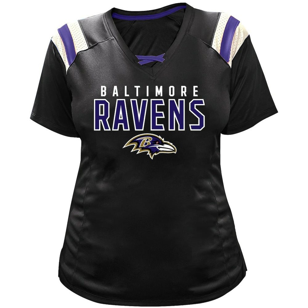 Baltimore Ravens Lamar Jackson  Women's Plus Size Name & Number Raglan Lace V-Neck T-Shirt | NFL Hot