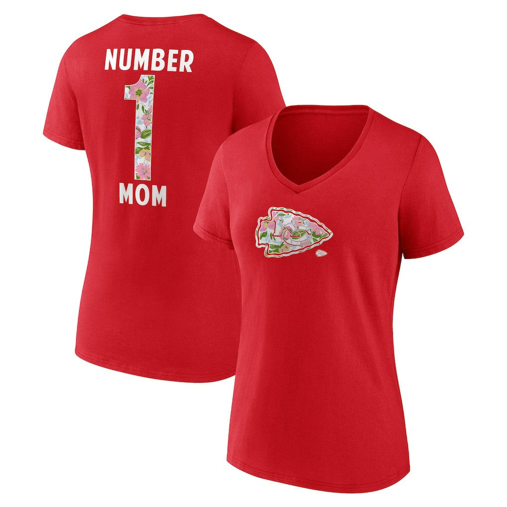 Kansas City Chiefs Women's Number 1 Mom Floral V-Neck T-Shirt | NFL Hot