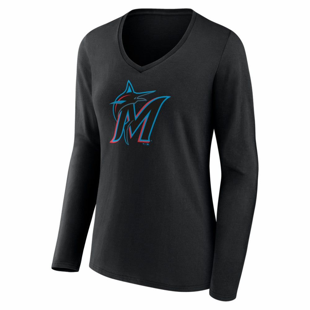Miami Marlins Women's Logo Long Sleeve V-Neck T-Shirt - MLB T-shirts