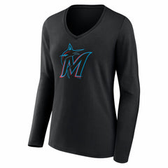 Miami Marlins Women's Logo Long Sleeve V-Neck T-Shirt - MLB T-shirts