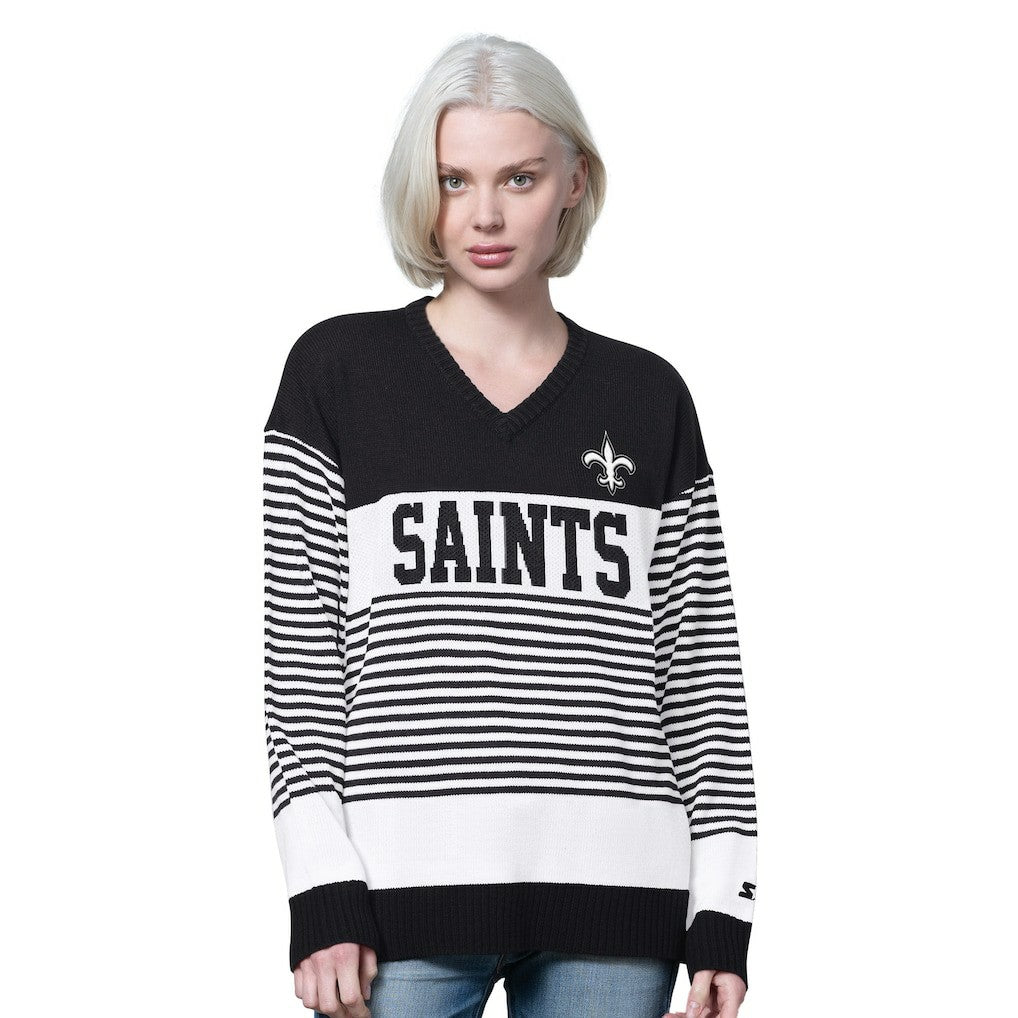New Orleans Saints Starter Women's No Huddle Striped V-Neck Sweater | NFL Outlet