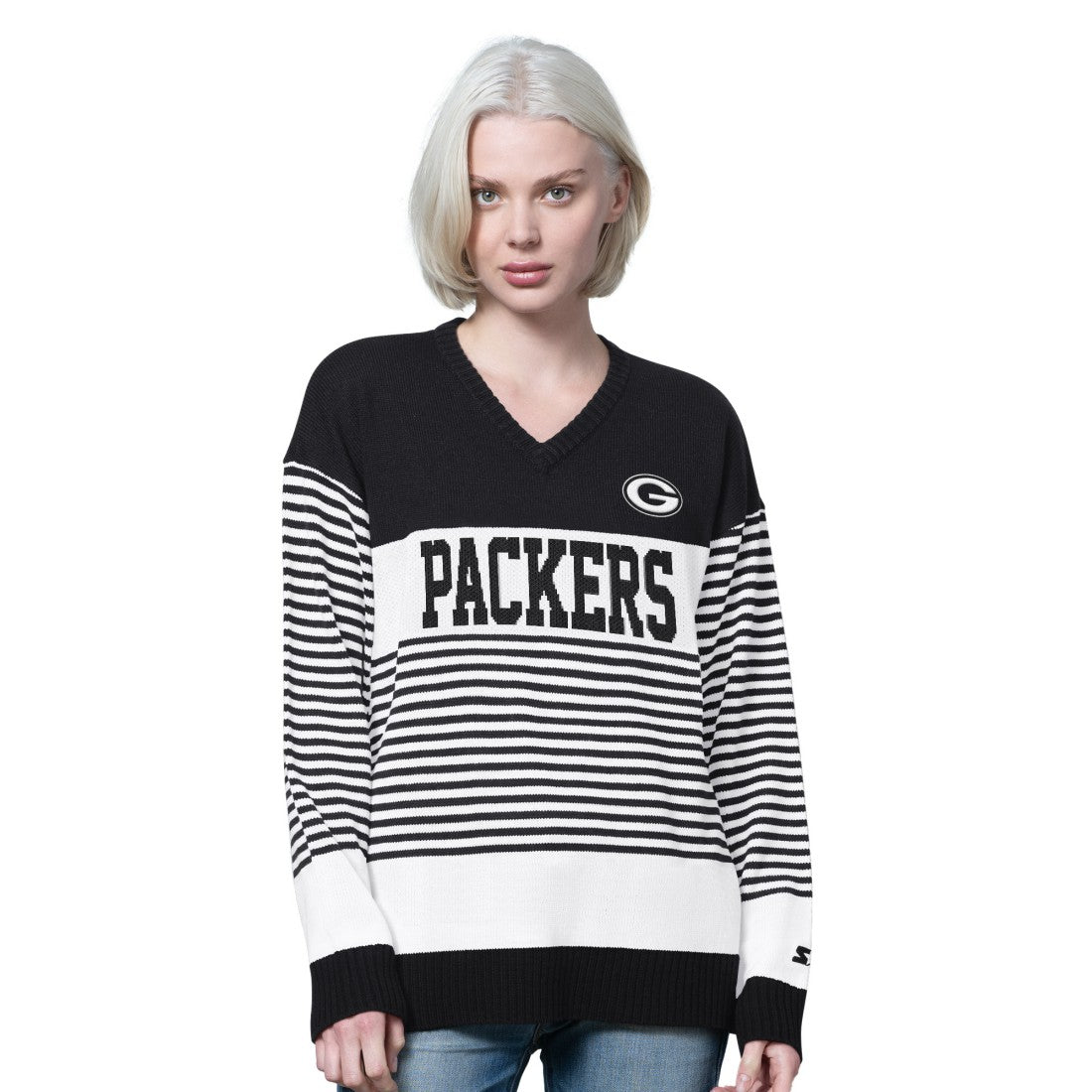 Green Bay Packers Starter Women's No Huddle Striped V-Neck Sweater | NFL On sale