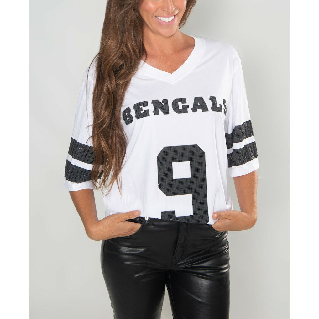 Cincinnati Bengals Joe Burrow  Cuce Women's Crystal V-Neck Tunic | NFL Online