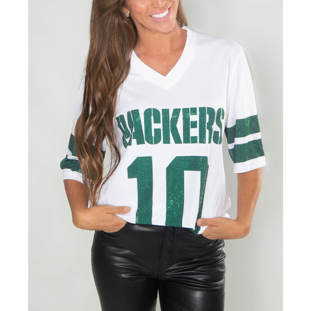 Green Bay Packers Jordan Love  Cuce Women's Crystal V-Neck Tunic | NFL Outlet