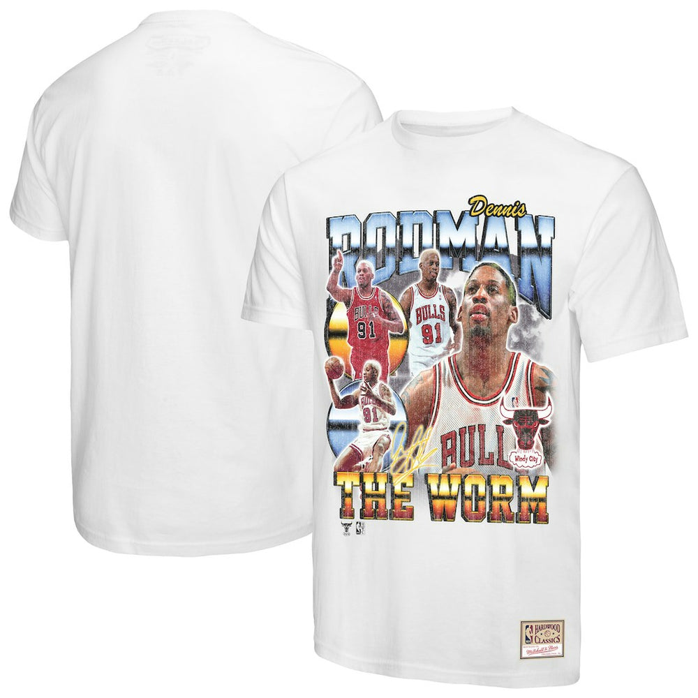 White Dennis Rodman Chicago Bulls Hardwood Classics Commemorative Player Collage T-Shirt sale | NBA