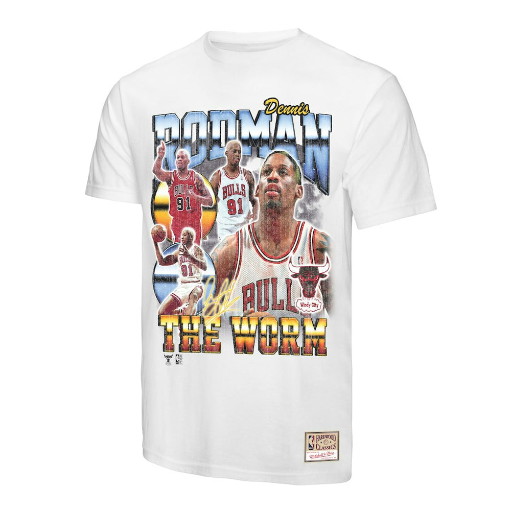 White Dennis Rodman Chicago Bulls Hardwood Classics Commemorative Player Collage T-Shirt sale | NBA
