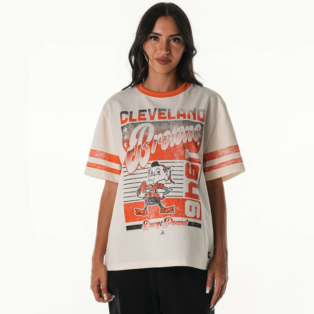 Cleveland Browns The Wild Collective Women's Vintage Drop Shoulder Oversized Boyfriend T-Shirt | NFL Discount