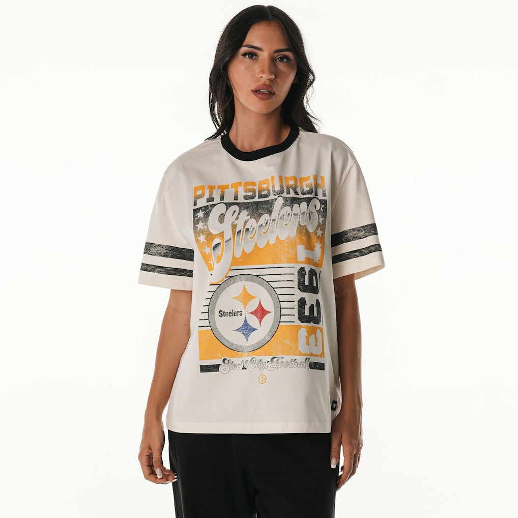 Pittsburgh Steelers The Wild Collective Women's Vintage Drop Shoulder Oversized Boyfriend T-Shirt | NFL Outlet