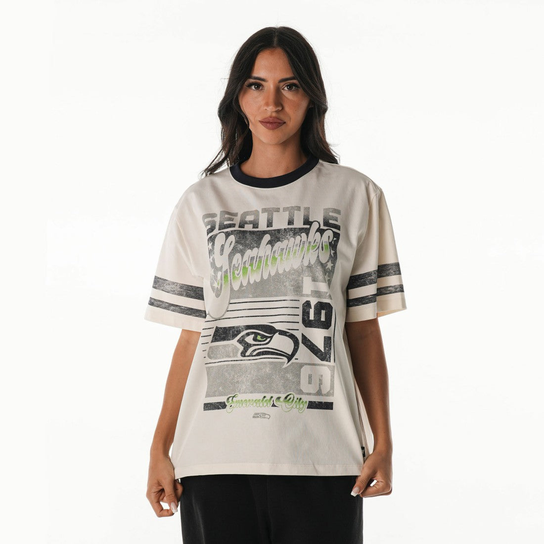 Seattle Seahawks The Wild Collective Women's Vintage Drop Shoulder Oversized Boyfriend T-Shirt | NFL Hot