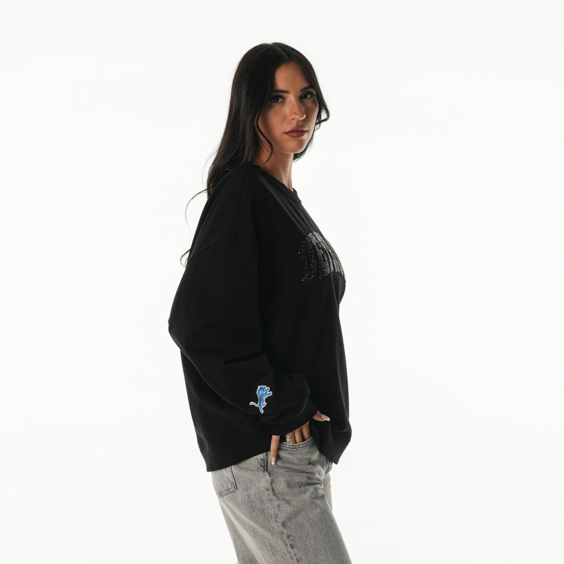 Detroit Lions The Wild Collective Women's Rock Crystal Oversized Crewneck Sweatshirt | NFL Outlet