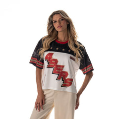 San Francisco 49ers The Wild Collective Women's Boxy Cropped Mesh T-Shirt | NFL On sale