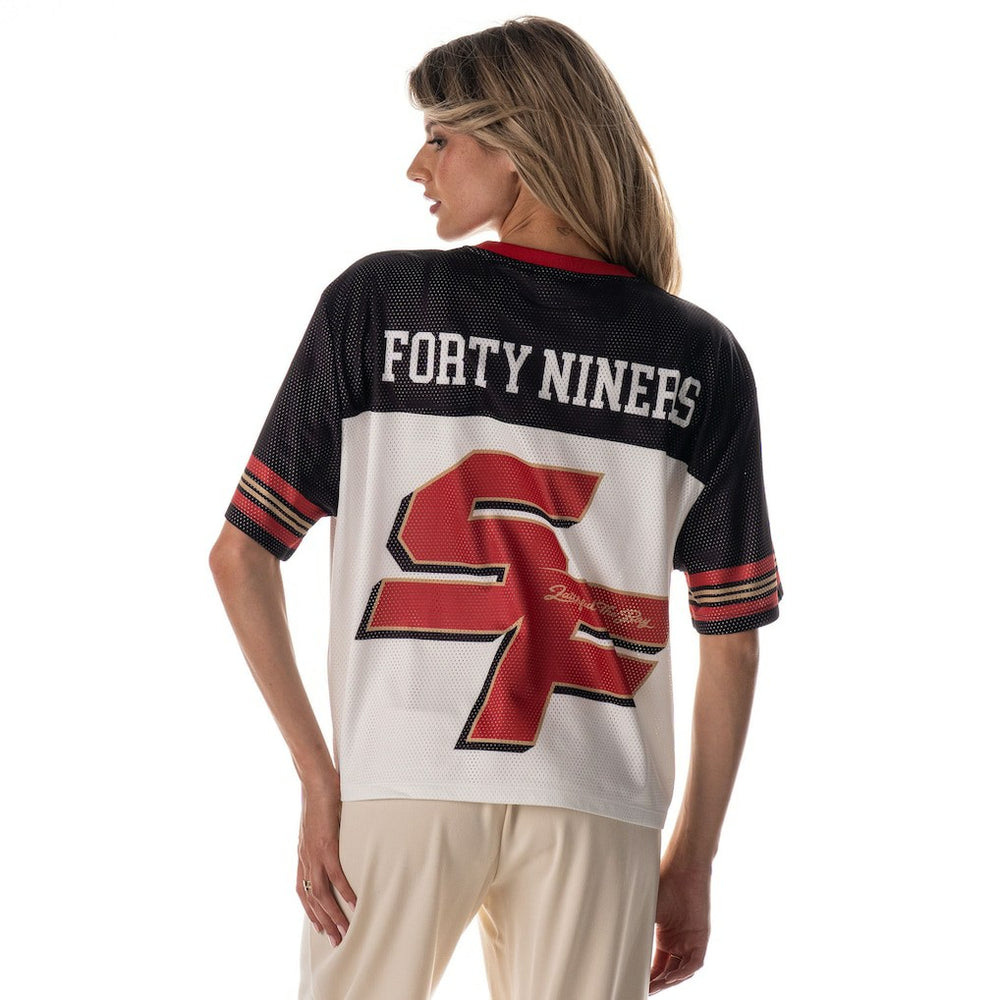 San Francisco 49ers The Wild Collective Women's Boxy Cropped Mesh T-Shirt | NFL On sale