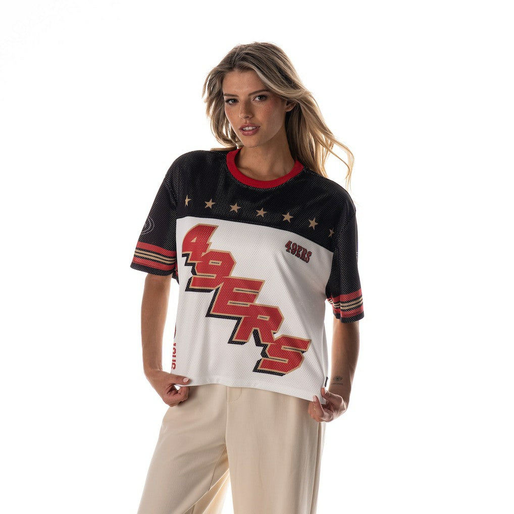 San Francisco 49ers The Wild Collective Women's Boxy Cropped Mesh T-Shirt | NFL On sale