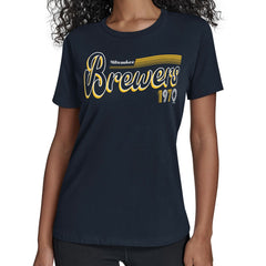 Milwaukee Brewers Starter Women's Groovy Script Team Fitted T-Shirt - MLB T-shirts