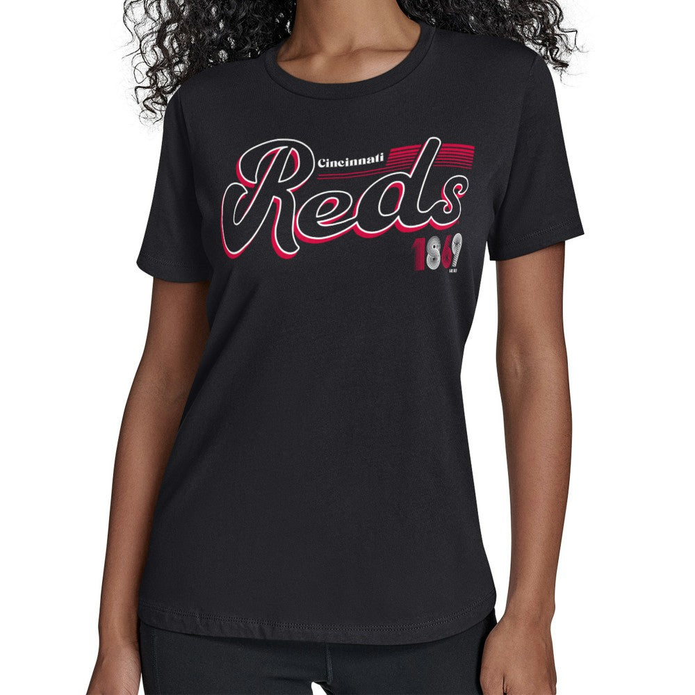 Cincinnati Reds Starter Women's Groovy Script Team Fitted T-Shirt - MLB T-shirts