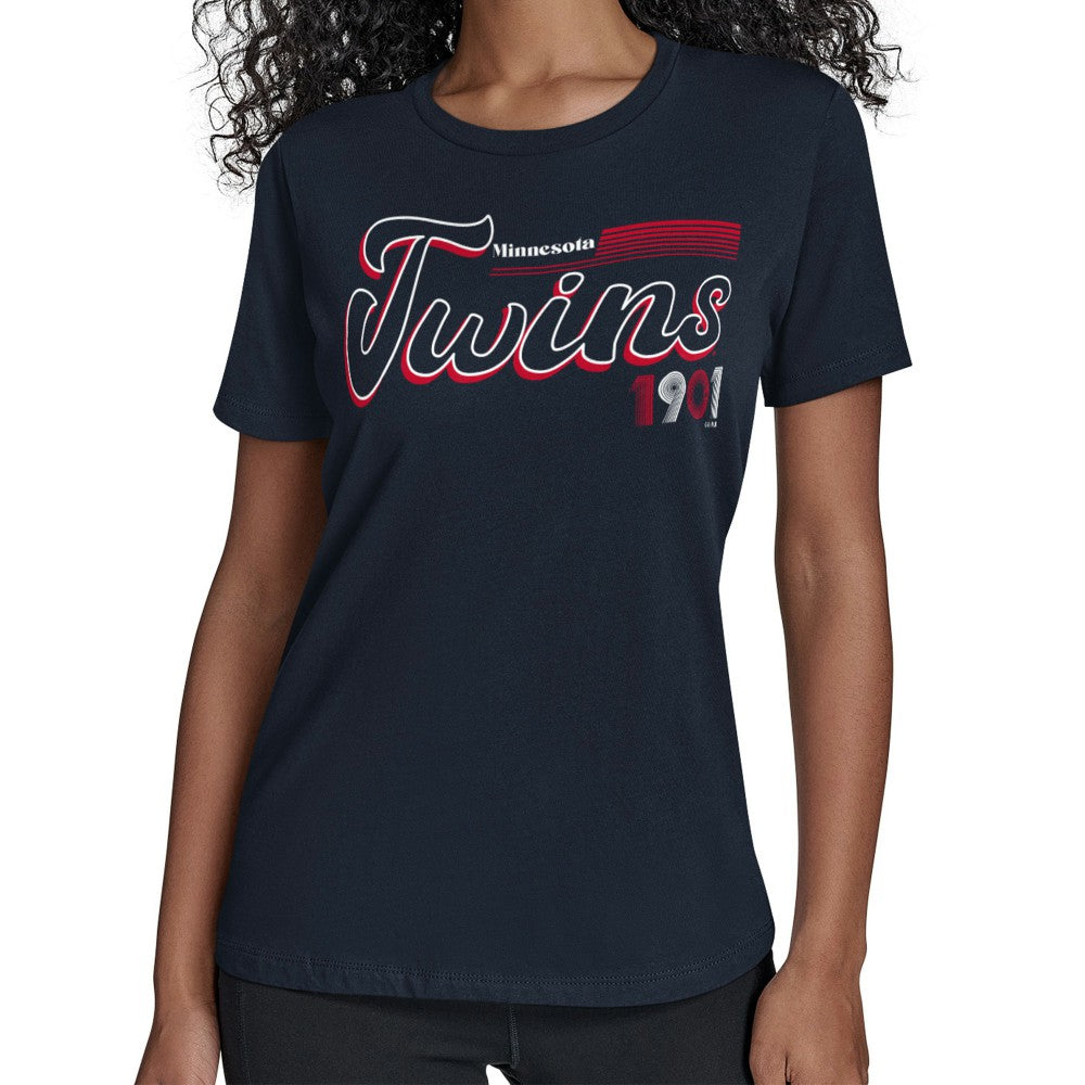 Minnesota Twins Starter Women's Groovy Script Team Fitted T-Shirt - MLB T-shirts