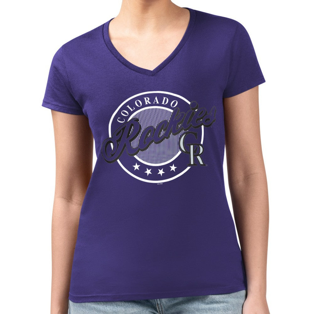 Colorado Rockies G-III 4Her by Carl Banks Women's Super-Slim Fit Lightweight Pinstripe Circle V-Neck T-Shirt - MLB T-shirts