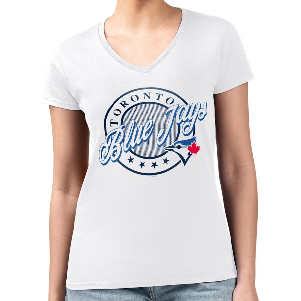 Toronto Blue Jays G-III 4Her by Carl Banks Women's Super-Slim Fit Lightweight Pinstripe Circle V-Neck T-Shirt - MLB T-shirts