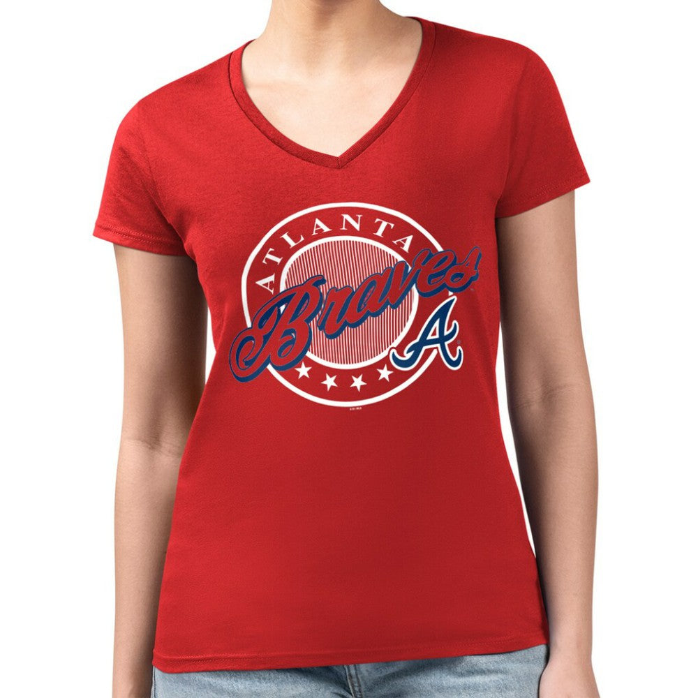 Atlanta Braves G-III 4Her by Carl Banks Women's Super-Slim Fit Lightweight Pinstripe Circle V-Neck T-Shirt - MLB T-shirts