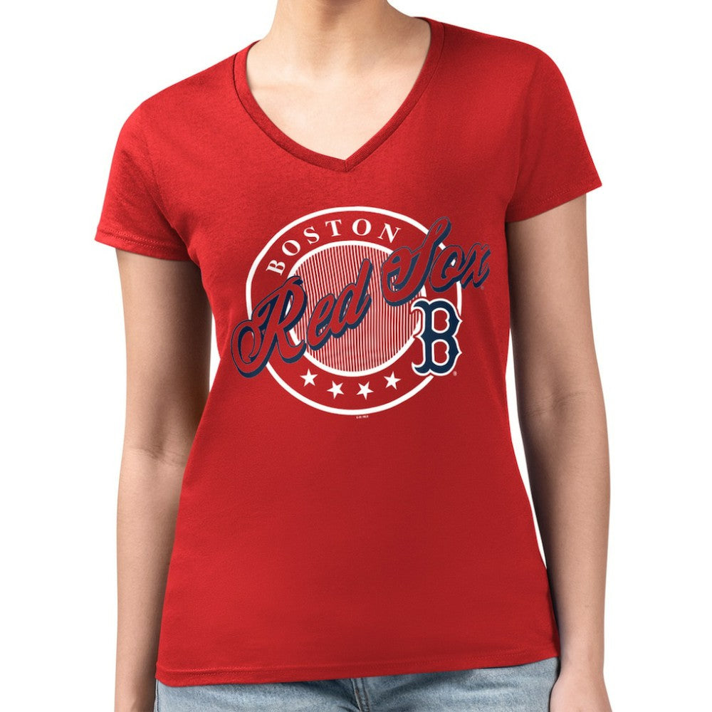 Boston Red Sox G-III 4Her by Carl Banks Women's Super-Slim Fit Lightweight Pinstripe Circle V-Neck T-Shirt - MLB T-shirts