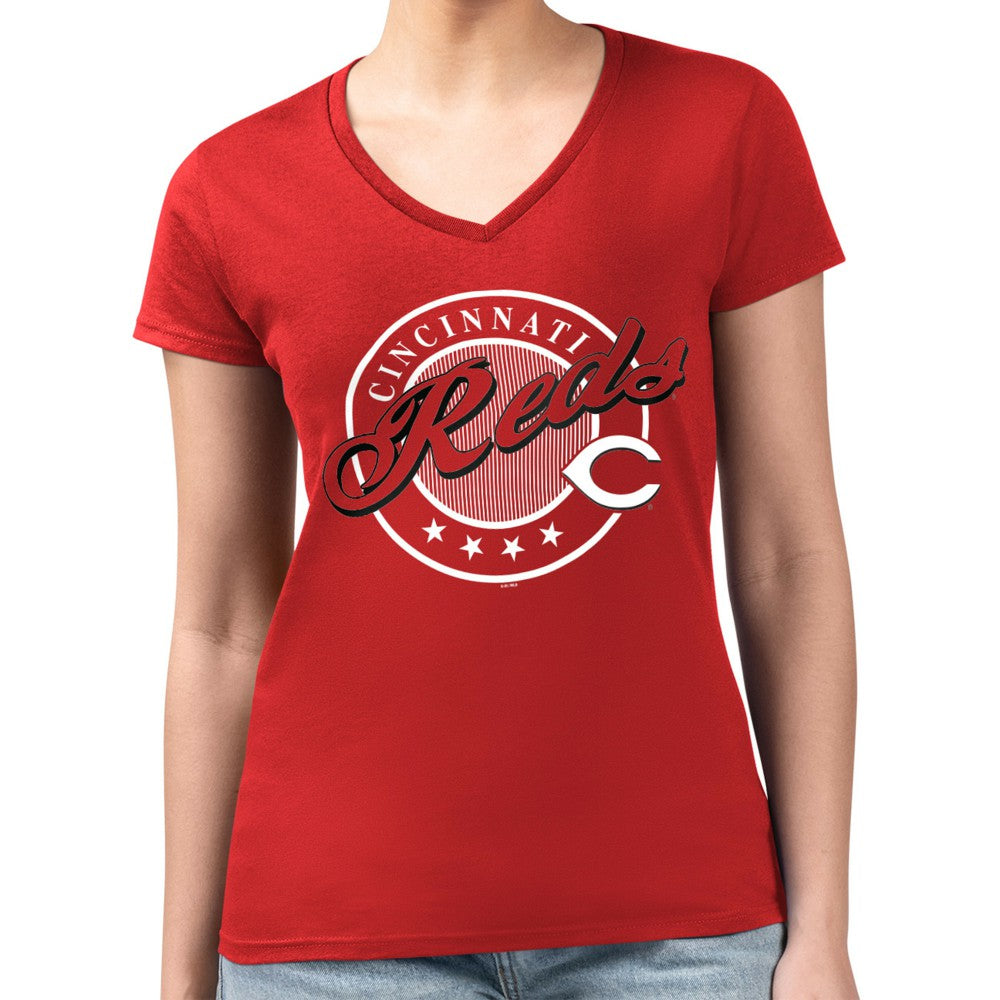 Cincinnati Reds G-III 4Her by Carl Banks Women's Super-Slim Fit Lightweight Pinstripe Circle V-Neck T-Shirt - MLB T-shirts