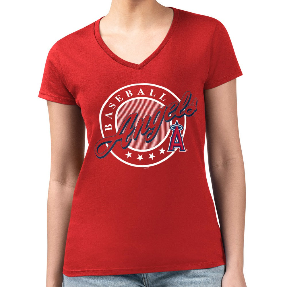 Los Angeles Angels G-III 4Her by Carl Banks Women's Super-Slim Fit Lightweight Pinstripe Circle V-Neck T-Shirt - MLB T-shirts