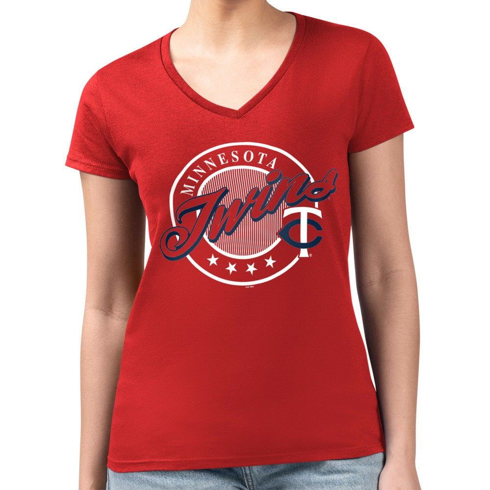 Minnesota Twins G-III 4Her by Carl Banks Women's Super-Slim Fit Lightweight Pinstripe Circle V-Neck T-Shirt - MLB T-shirts