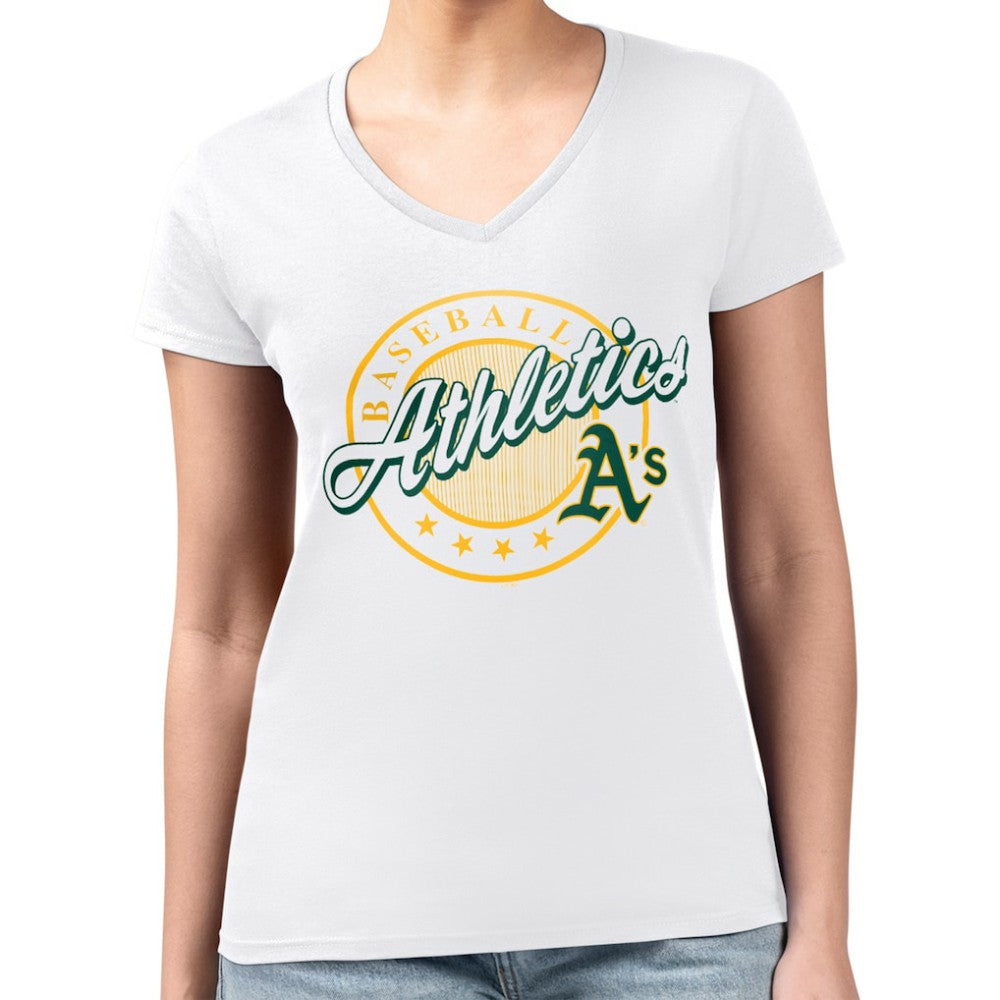 Athletics G-III 4Her by Carl Banks Women's Super-Slim Fit Lightweight Pinstripe Circle V-Neck T-Shirt - MLB T-shirts