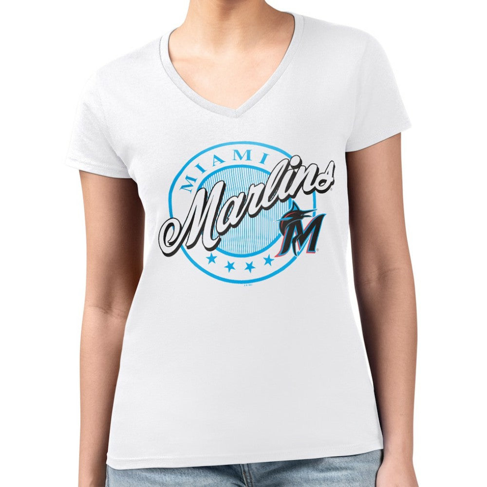 Miami Marlins G-III 4Her by Carl Banks Women's Super-Slim Fit Lightweight Pinstripe Circle V-Neck T-Shirt - MLB T-shirts