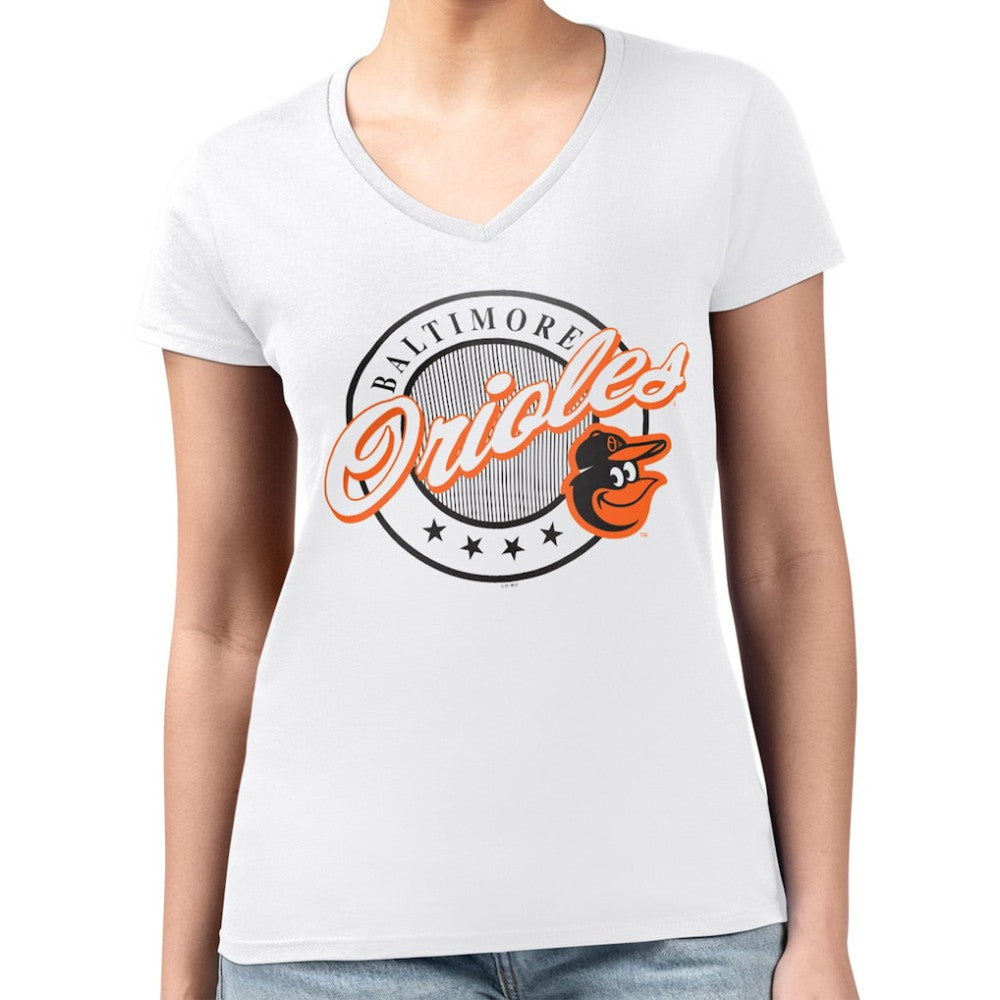 Baltimore Orioles G-III 4Her by Carl Banks Women's Super-Slim Fit Lightweight Pinstripe Circle V-Neck T-Shirt - MLB T-shirts