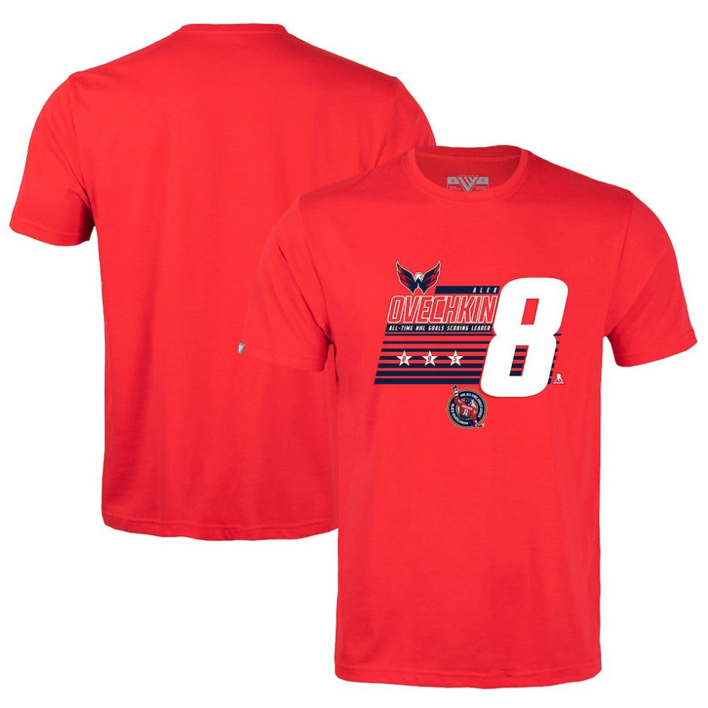 Alexander Ovechkin Washington Capitals Levelwear NHL All-Time Leading Goal Scorer Milestone Stripes Name & Number Richmond T-Shirt -  NHL T-shirts
