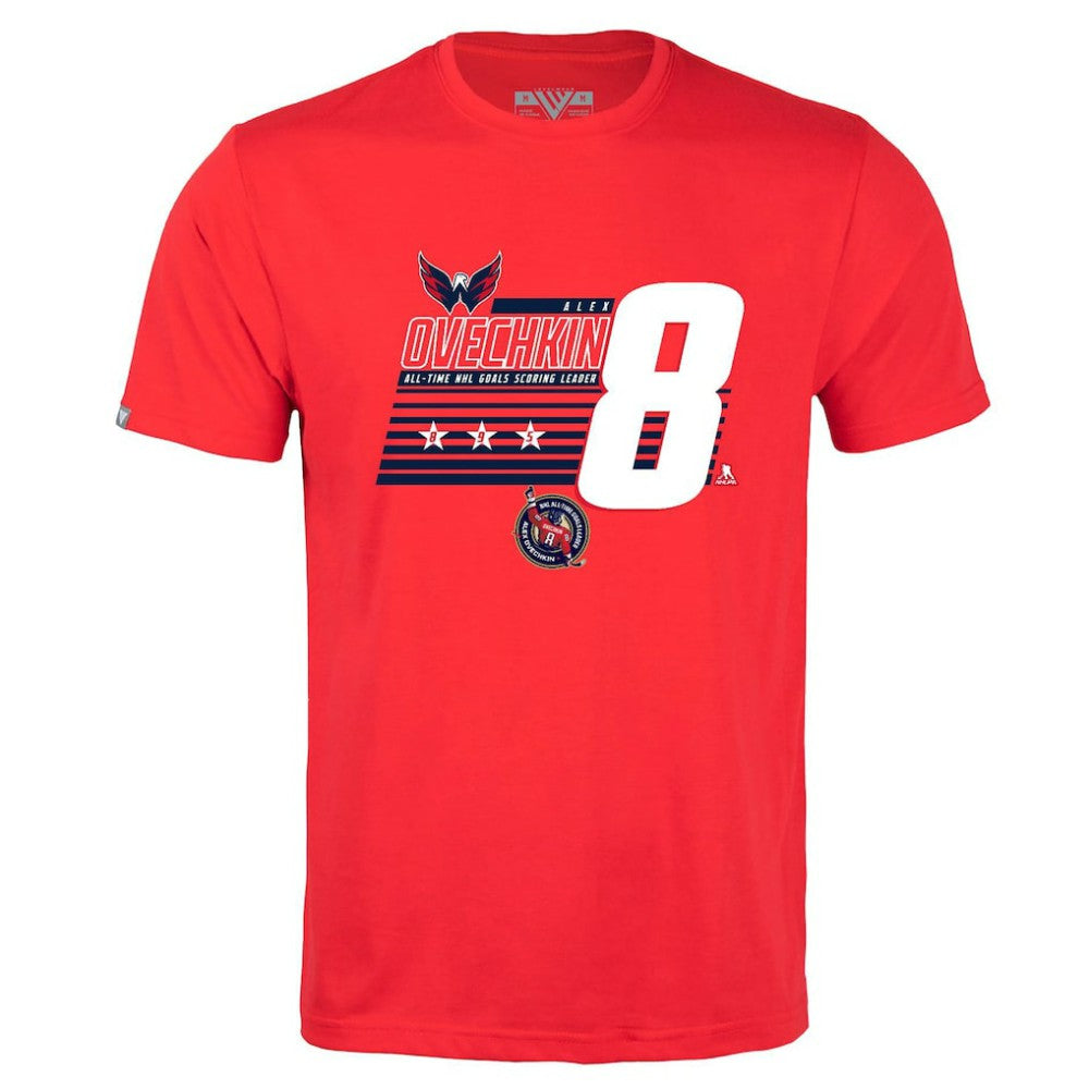 Alexander Ovechkin Washington Capitals Levelwear NHL All-Time Leading Goal Scorer Milestone Stripes Name & Number Richmond T-Shirt -  NHL T-shirts