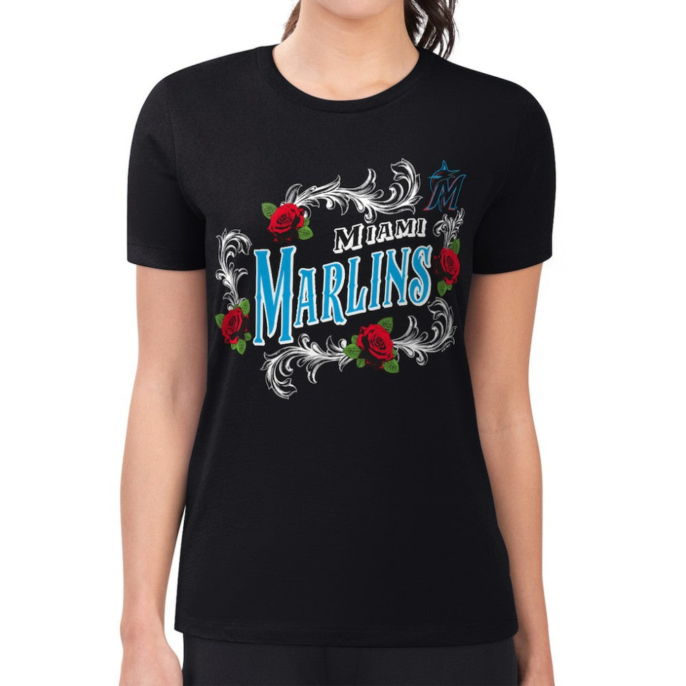 Miami Marlins G-III 4Her by Carl Banks Women's Super-Slim Fit Lightweight Retro Roses T-Shirt - MLB T-shirts