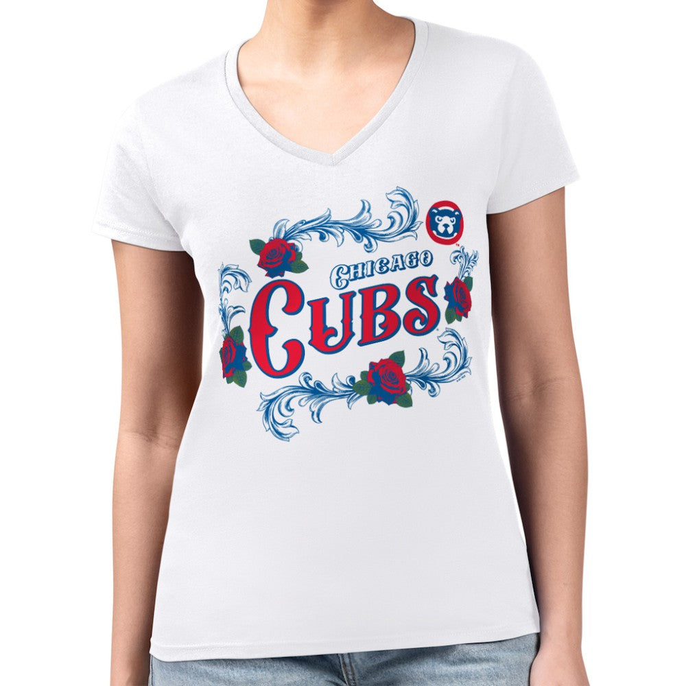 Chicago Cubs G-III 4Her by Carl Banks Women's Super-Slim Fit Lightweight Retro Roses V-Neck T-Shirt - MLB T-shirts