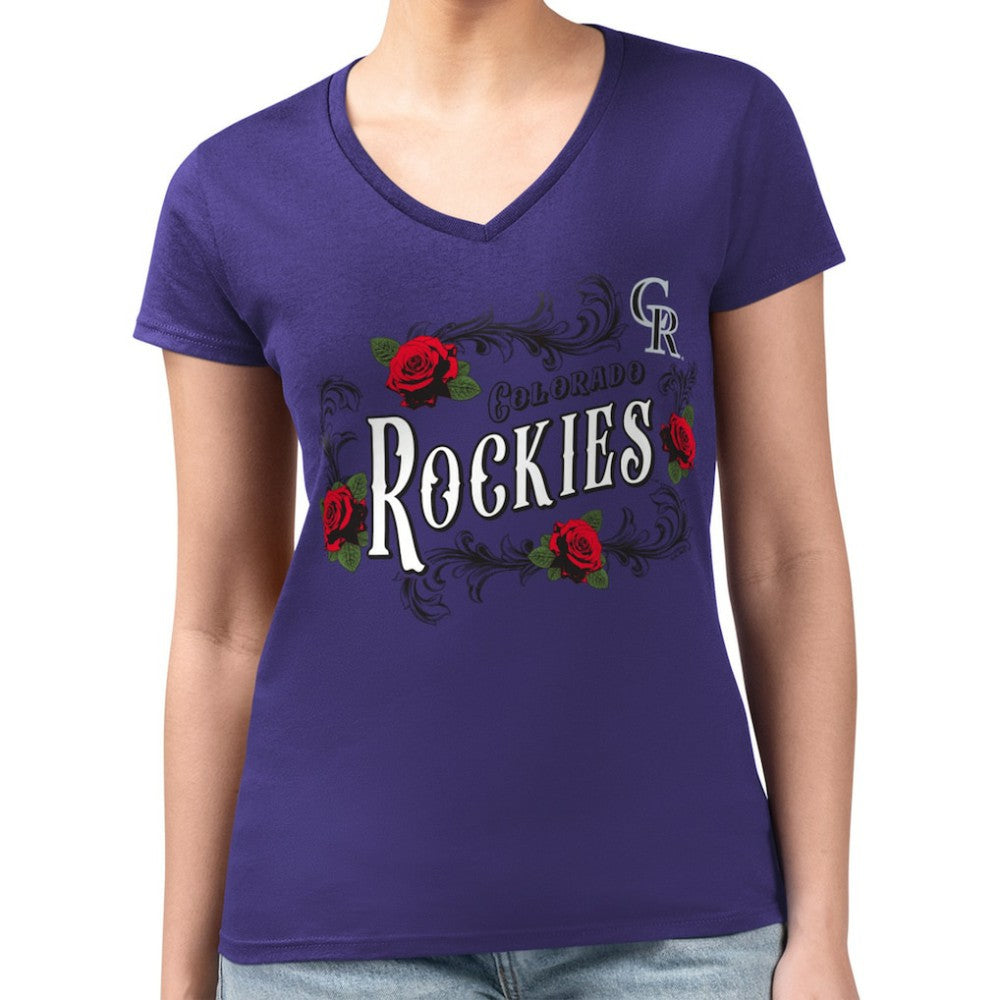 Colorado Rockies G-III 4Her by Carl Banks Women's Super-Slim Fit Lightweight Retro Roses V-Neck T-Shirt - MLB T-shirts
