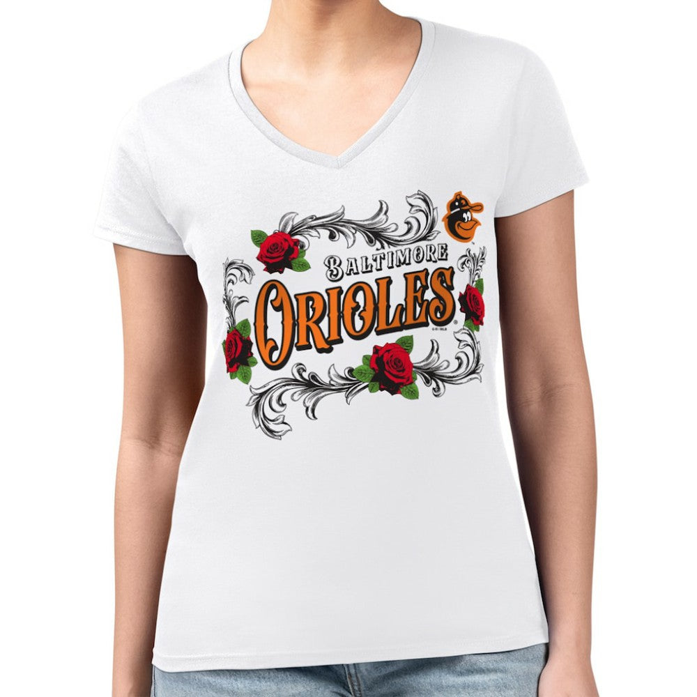 Baltimore Orioles G-III 4Her by Carl Banks Women's Super-Slim Fit Lightweight Retro Roses V-Neck T-Shirt - MLB T-shirts