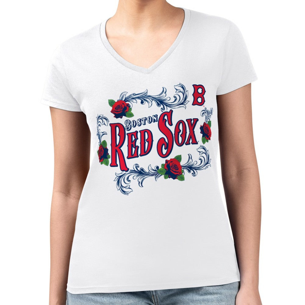 Boston Red Sox G-III 4Her by Carl Banks Women's Super-Slim Fit Lightweight Retro Roses V-Neck T-Shirt - MLB T-shirts
