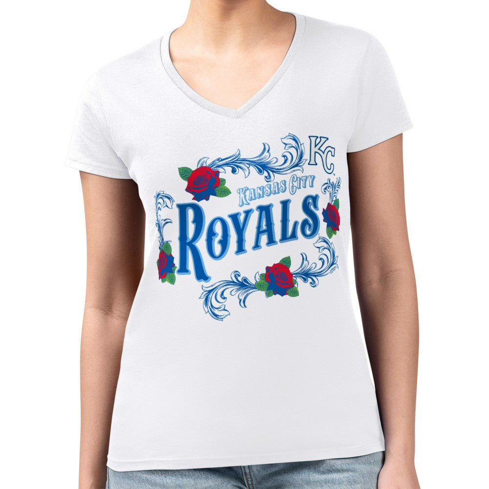 Kansas City Royals G-III 4Her by Carl Banks Women's Super-Slim Fit Lightweight Retro Roses V-Neck T-Shirt - MLB T-shirts