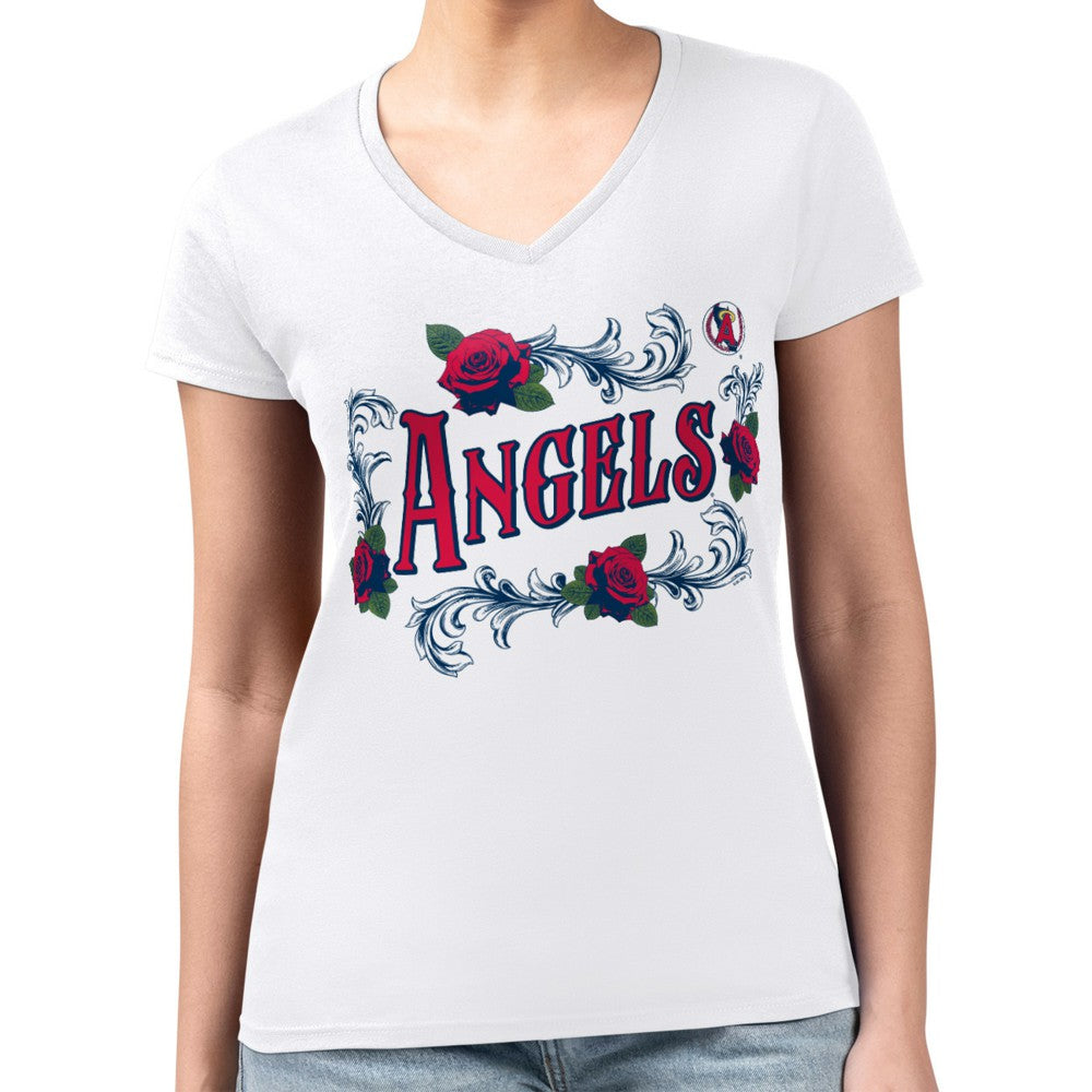 Los Angeles Angels G-III 4Her by Carl Banks Women's Super-Slim Fit Lightweight Retro Roses V-Neck T-Shirt - MLB T-shirts