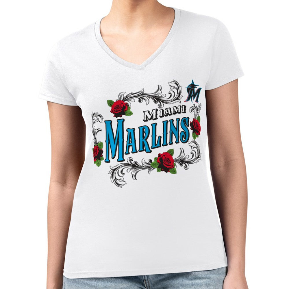 Miami Marlins G-III 4Her by Carl Banks Women's Super-Slim Fit Lightweight Retro Roses V-Neck T-Shirt - MLB T-shirts