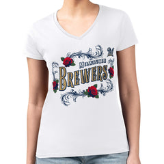 Milwaukee Brewers G-III 4Her by Carl Banks Women's Super-Slim Fit Lightweight Retro Roses V-Neck T-Shirt - MLB T-shirts