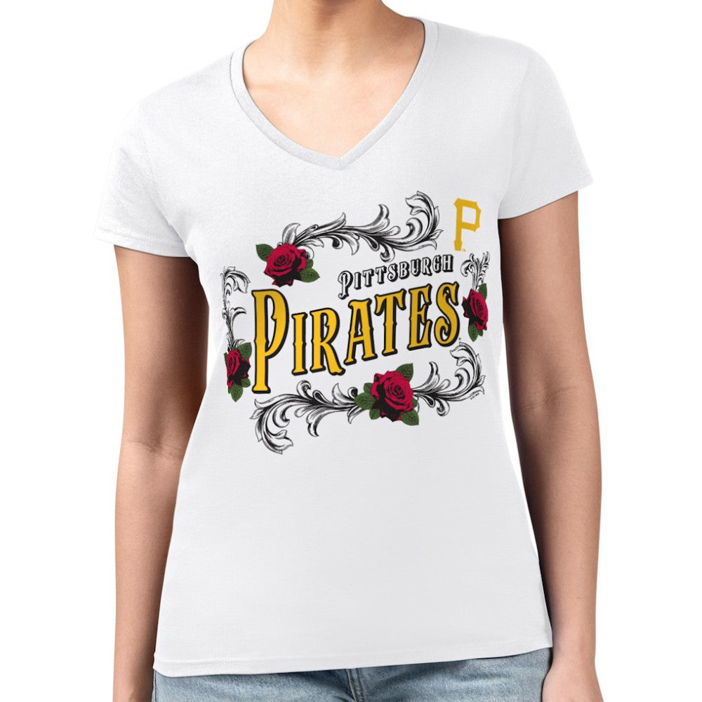 Pittsburgh Pirates G-III 4Her by Carl Banks Women's Super-Slim Fit Lightweight Retro Roses V-Neck T-Shirt - MLB T-shirts