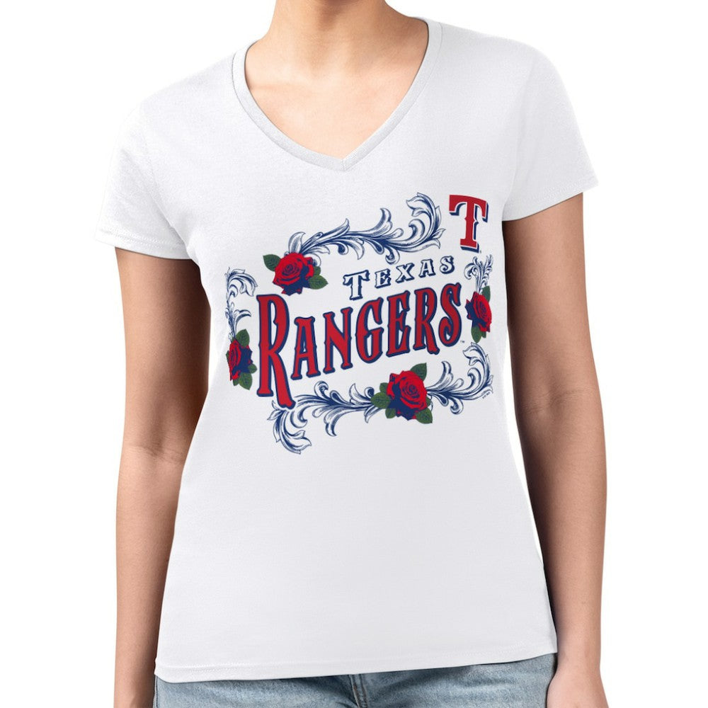 Texas Rangers G-III 4Her by Carl Banks Women's Super-Slim Fit Lightweight Retro Roses V-Neck T-Shirt - MLB T-shirts